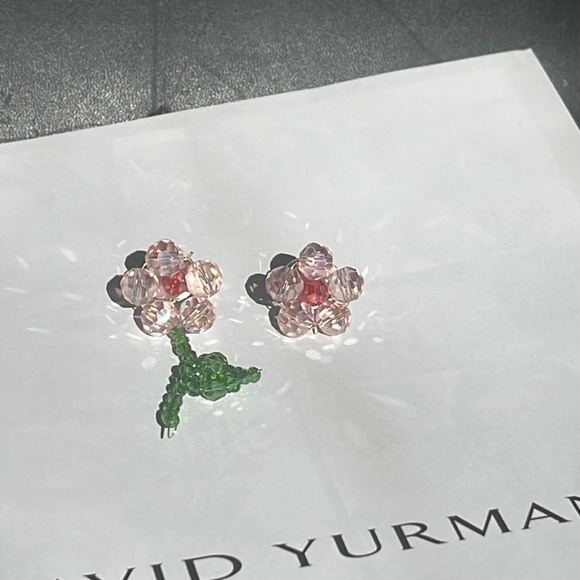 Hand Beaded Asymmetrical Pink Flower Earrings - Picture 6 of 8